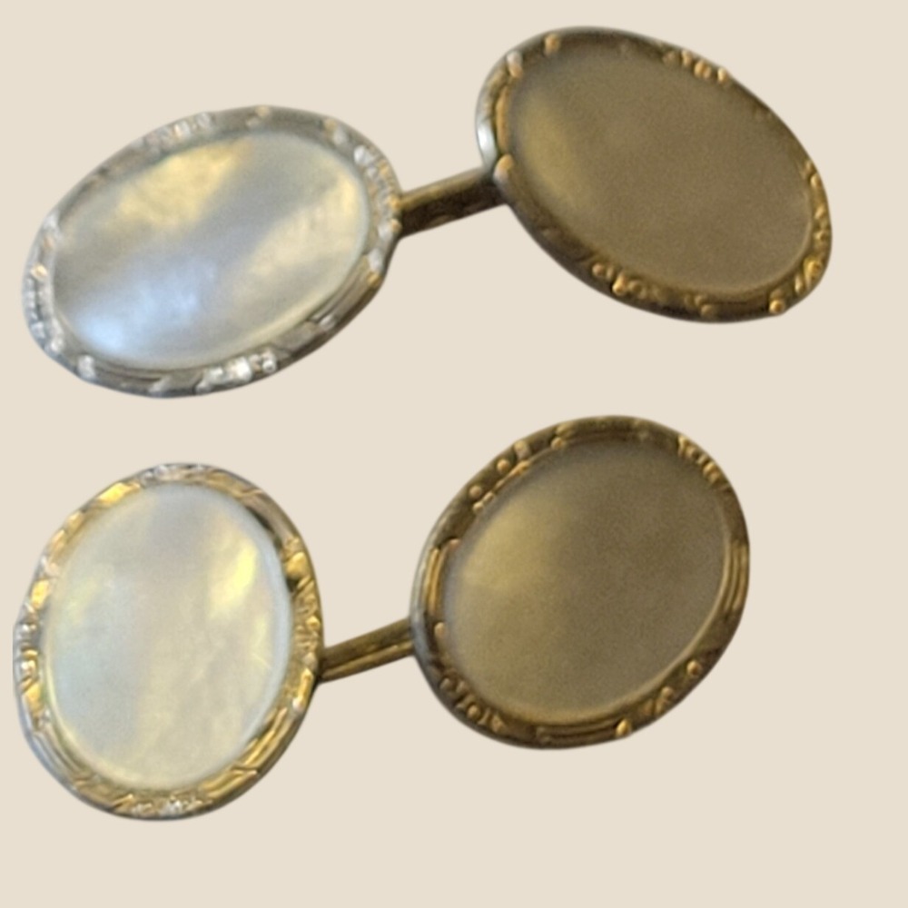 Clark Cufflinks Vintage Art Deco Mother of Pearl Gold Tone Formal White